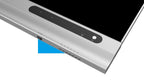 Zilverkleurige rand van het 108-inch Dahua COB LED-scherm met fysieke bedieningsknoppen en aan-uitknop.