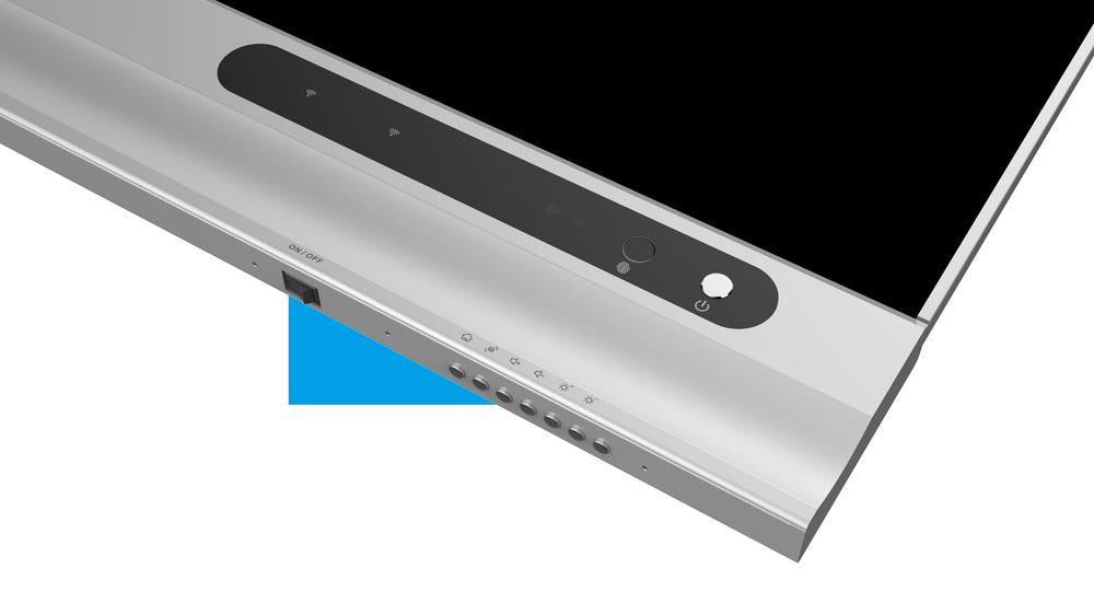 Zilverkleurige rand van het 108-inch Dahua COB LED-scherm met fysieke bedieningsknoppen en aan-uitknop.