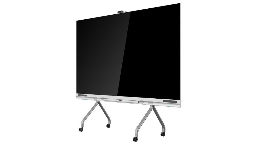 Dahua 135-inch COB LED-scherm met slank zwart design op een verrijdbaar zilverkleurig onderstel.