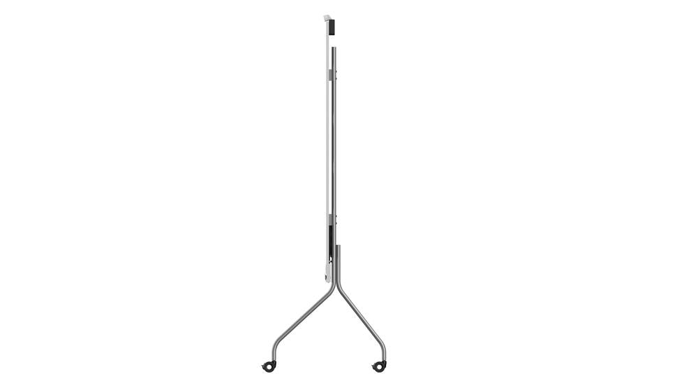 Zijaanzicht van Dahua 135-inch COB LED-scherm op een slanke, verrijdbare zilveren standaard.
