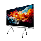 Dahua 135-inch COB LED-scherm met kleurrijke abstracte graphics op een verrijdbaar wit frame.