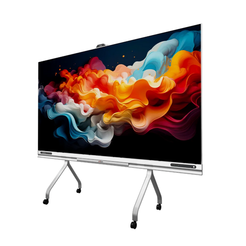 Dahua 135-inch COB LED-scherm met kleurrijke abstracte graphics op een verrijdbaar wit frame.
