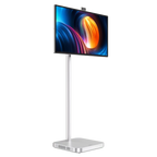 Dahua 32-inch 4K UHD digital signage display op een slanke zilveren verrijdbare standaard met ingebouwde camera.