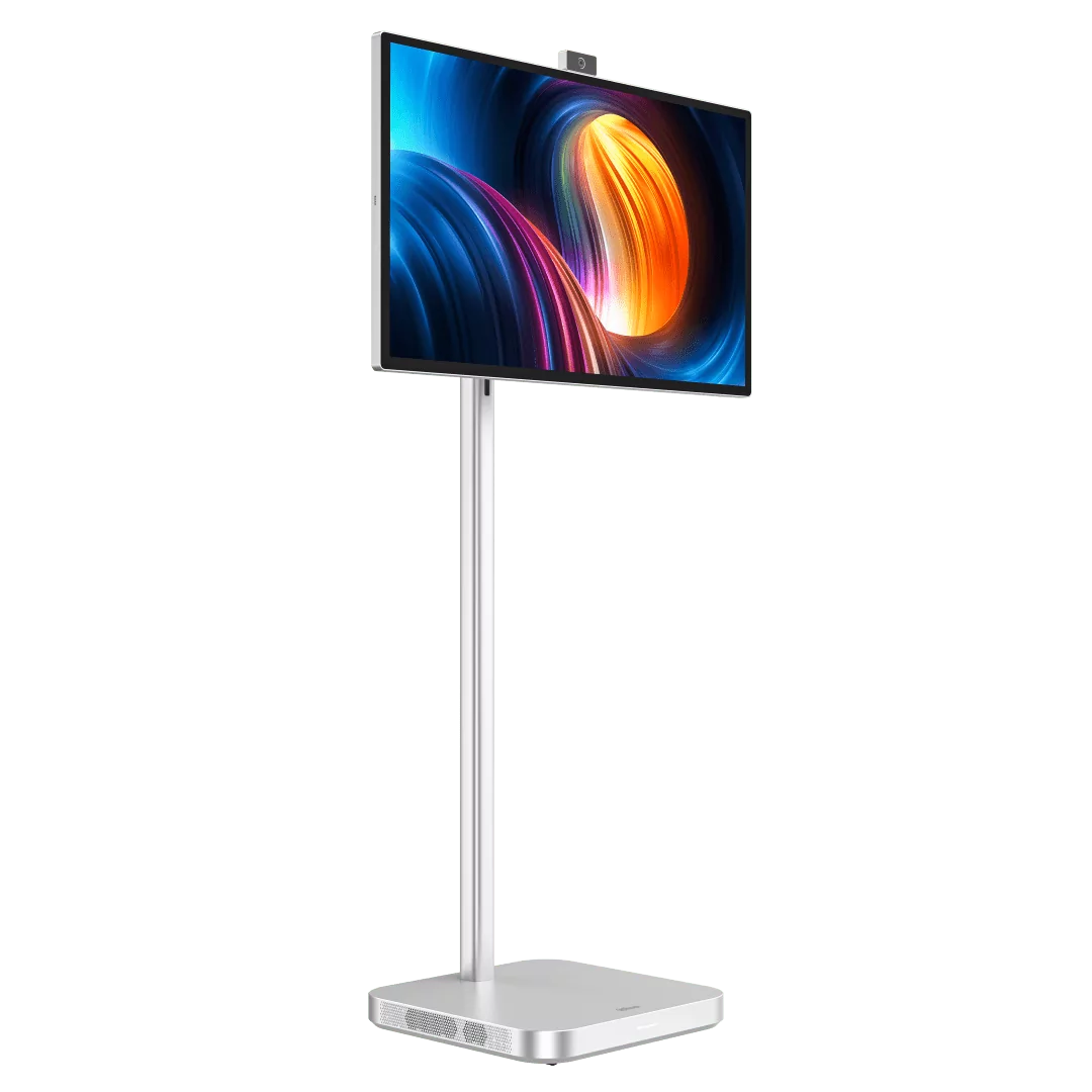 Dahua 32-inch 4K UHD digital signage display op een slanke zilveren verrijdbare standaard met ingebouwde camera.