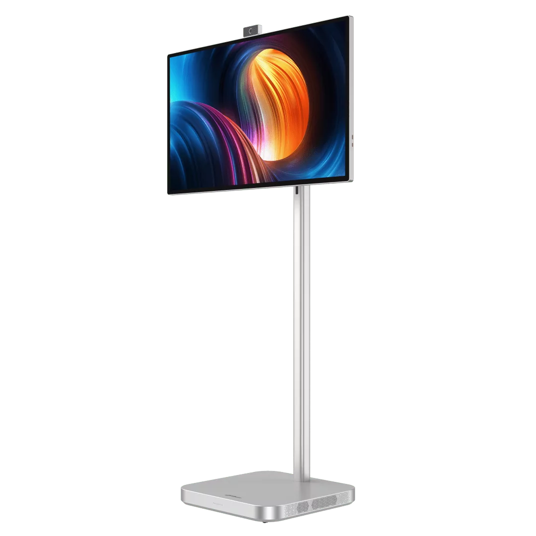 Dahua 32-inch 4K digital signage display op een zilverkleurige verrijdbare standaard met ingebouwde camera.