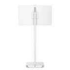 Witte Dahua 32-inch 4K digital signage display op een slanke, verrijdbare zilveren standaard voor professioneel gebruik.