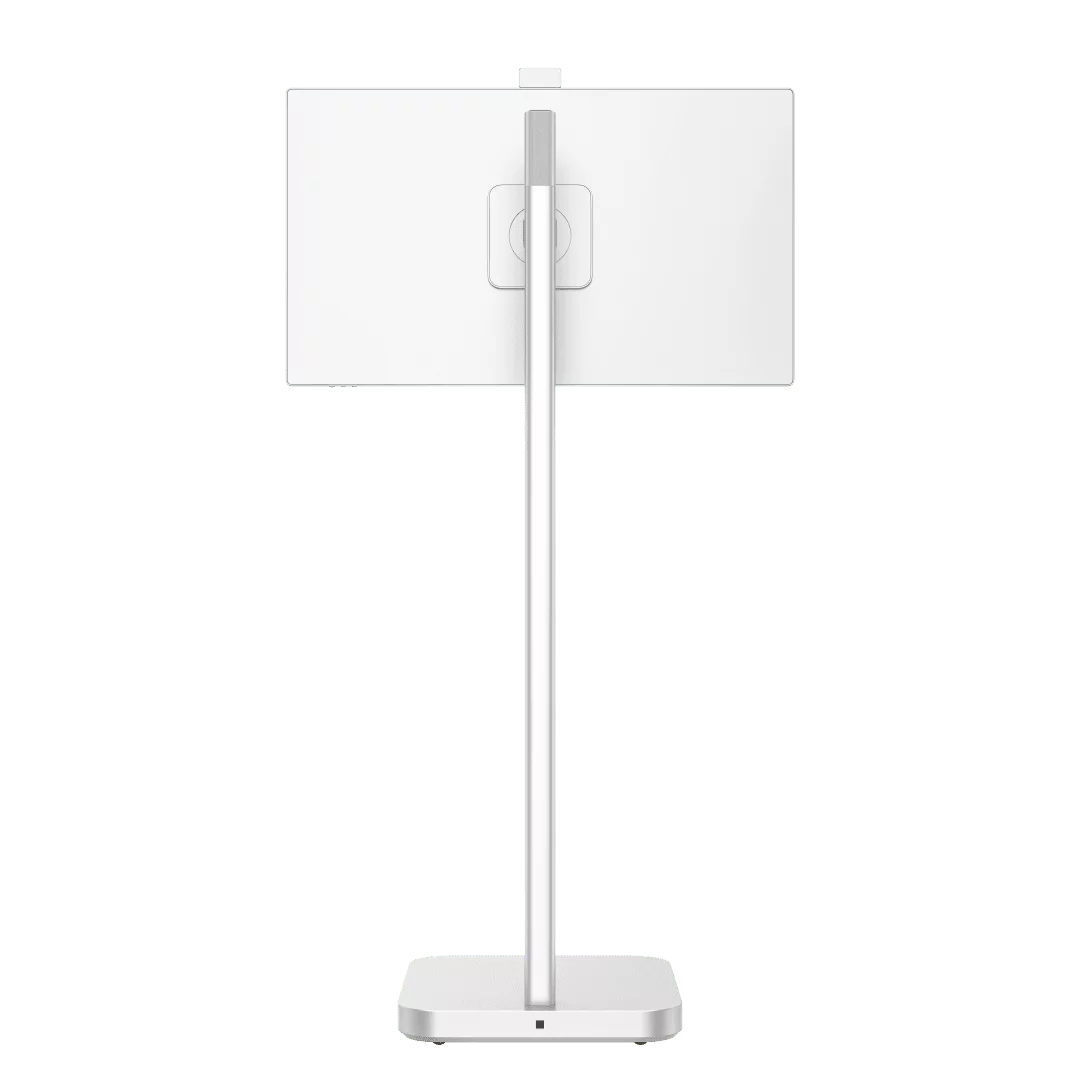 Witte Dahua 32-inch 4K digital signage display op een slanke, verrijdbare zilveren standaard voor professioneel gebruik.