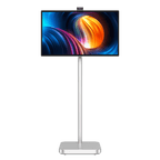 Dahua 32-inch 4K digital signage display op een zilverkleurige mobiele standaard met ingebouwde camera.
