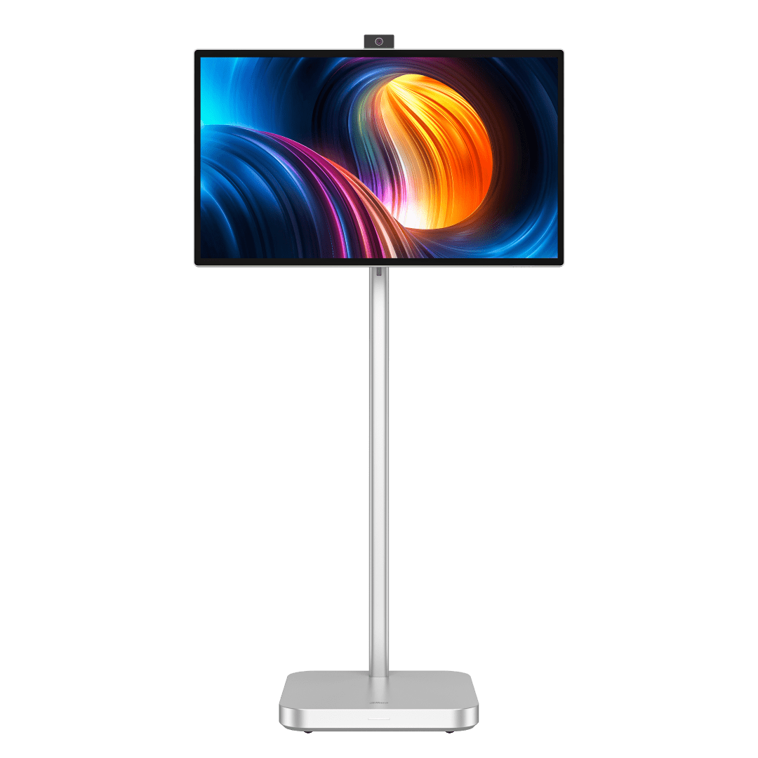 Dahua 32-inch 4K digital signage display op een zilverkleurige mobiele standaard met ingebouwde camera.