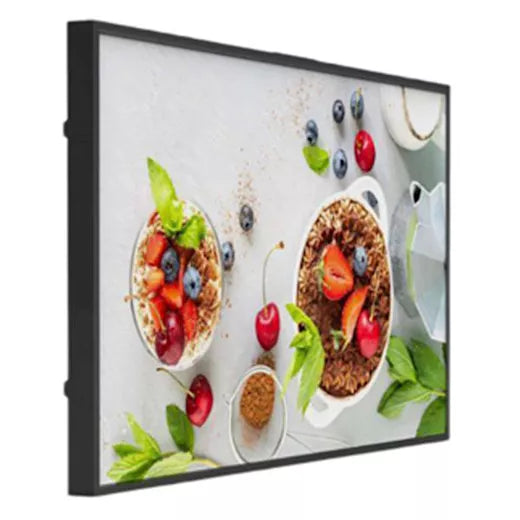 Dahua 55-inch Full HD professioneel display met slanke zwarte rand en kleurrijk food-display op het scherm.