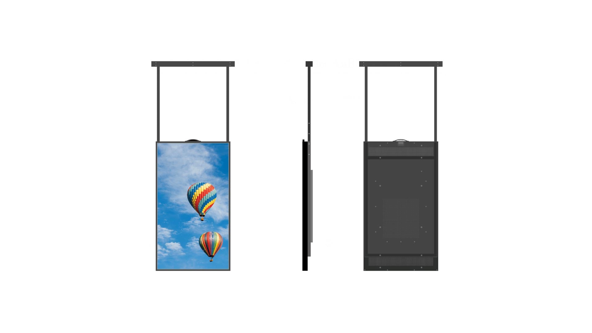 Dahua 43 inch hangend Full HD LCD-scherm met zwarte behuizing, getoond vanuit voor-, zij- en achteraanzicht.