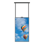 Zwart 43 inch Dahua LCD-scherm met hangende bevestiging en kleurrijke luchtballonafbeelding.