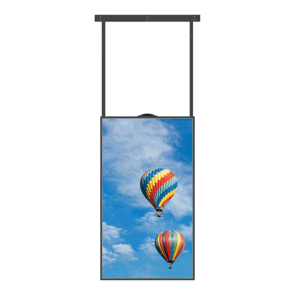 Zwart 43 inch Dahua LCD-scherm met hangende bevestiging en kleurrijke luchtballonafbeelding.