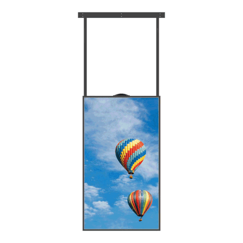 Zwart 43 inch Dahua LCD-scherm met hangende bevestiging en kleurrijke luchtballonafbeelding.