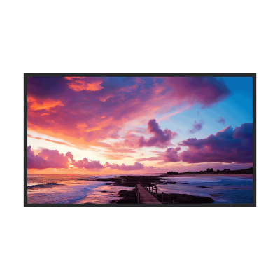 Dahua 98-inch 4K UHD digital signage scherm met dunne zwarte randen en een kleurrijke zonsondergang op het display.