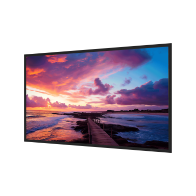 Dahua 98-inch 4K UHD digital signage scherm met slanke zwarte randen en een kleurrijk zonsonderganglandschap.