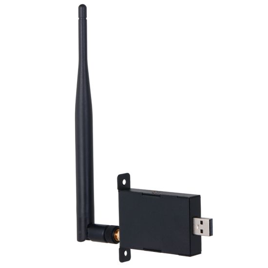 Zwarte Dahua WiFi-module met externe antenne en USB-aansluiting voor professionele displays.