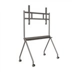 Grijze verrijdbare monitorstandaard met robuust metalen frame, legplank en zwenkwielen voor professionele displays.
