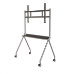 Grijze verrijdbare monitorstandaard met robuust metalen frame, legplank en vier zwenkwielen voor professionele displays.