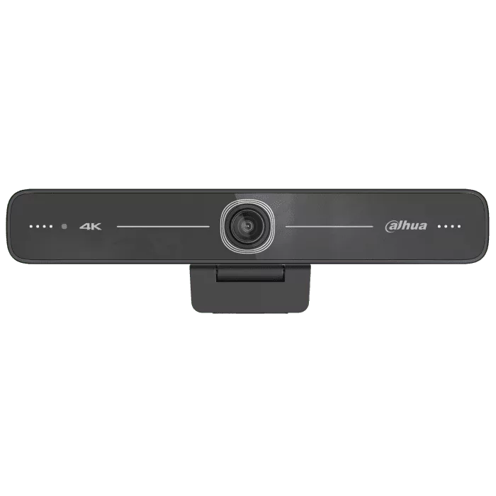 Zwarte Dahua 4K USB-camera met strak, compact design voor professionele videoconferenties op AC en CC displays.